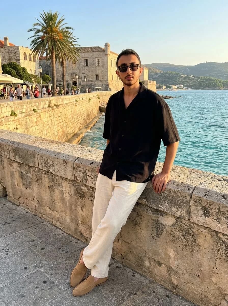 Mediterranean Coastal Portrait Prompt - Golden Hour Seaside Lifestyle Photography - realistic style.