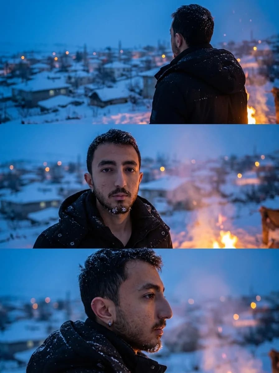 Cinematic Winter Triptych Portrait Prompt - Blue Hour Snow Scene Collage - portrait photography style - Winter Triptych,...