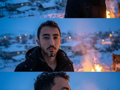 Three-panel cinematic winter portrait triptych showing man in black jacket from back view, frontal, and profile with falling snow, deep blue evening sky, warm campfire glow, and blurred village lights during blue hour