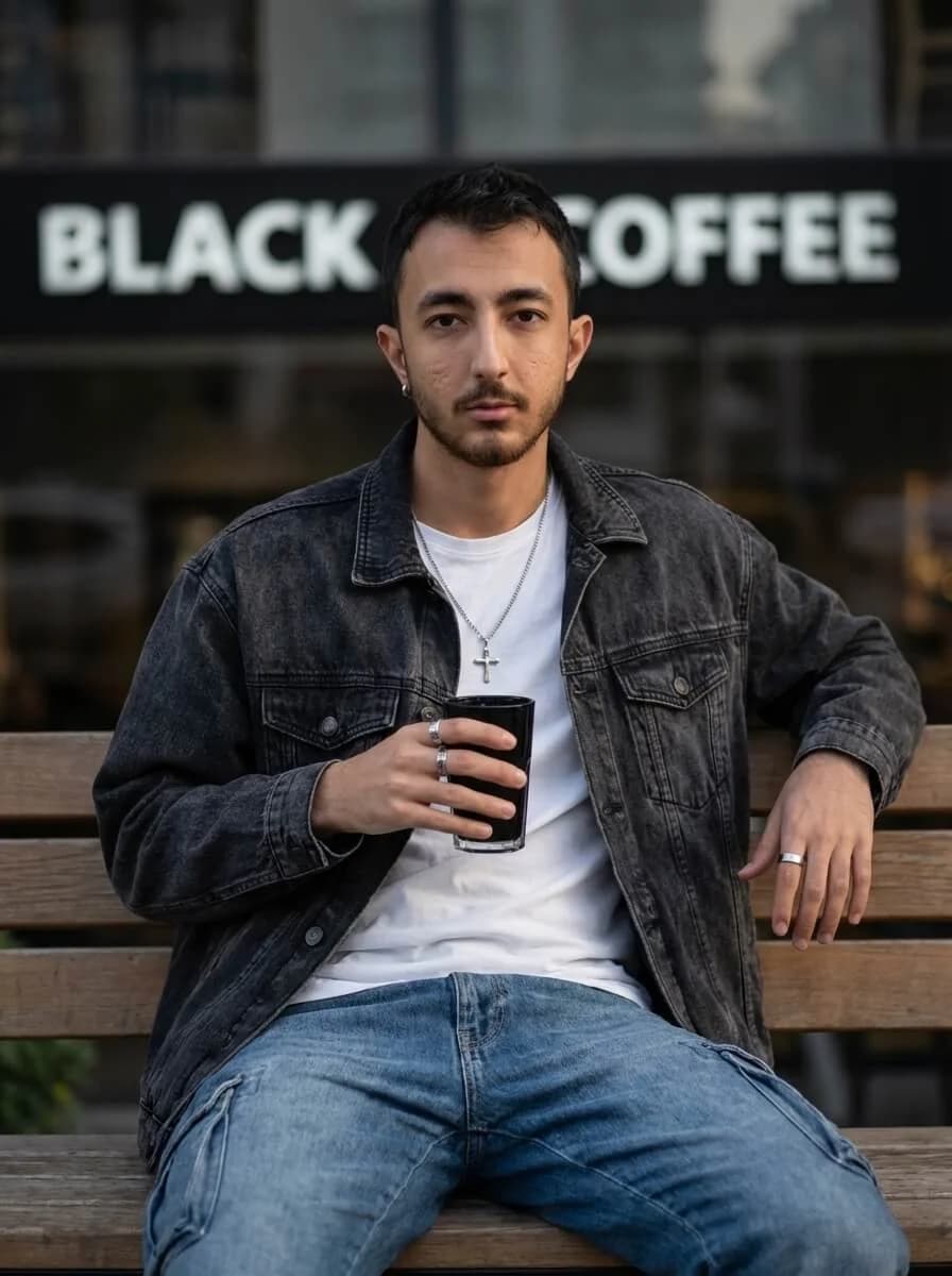Professional urban portrait of man in oversized black denim jacket and white tee sitting on wooden bench outside coffee shop, holding black glass, natural evening light, soft bokeh background